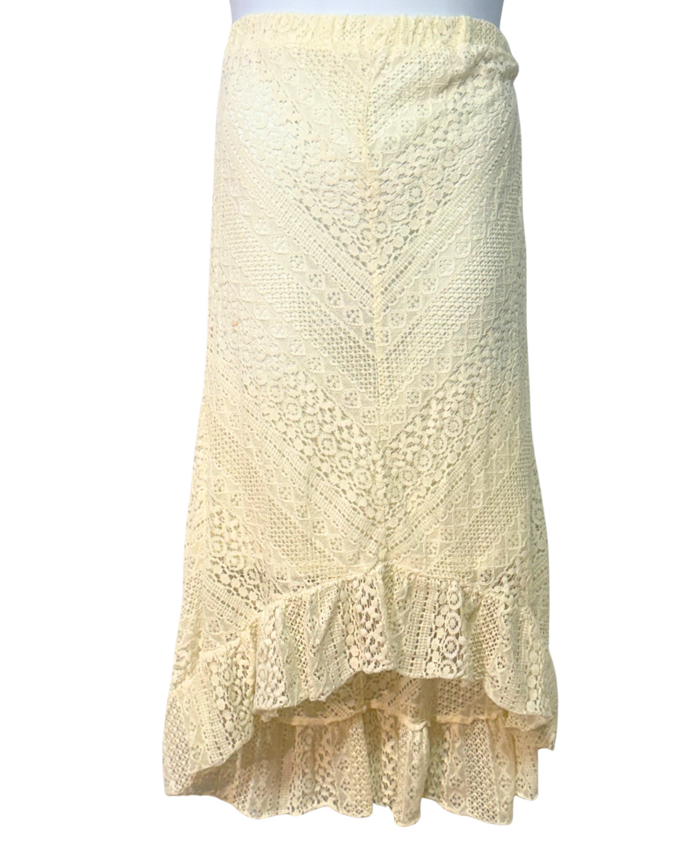 Tantrums Sz XL Hi-Low Ruffle Hem Maxi Skirt Patchwork Lace Beige Boho Western